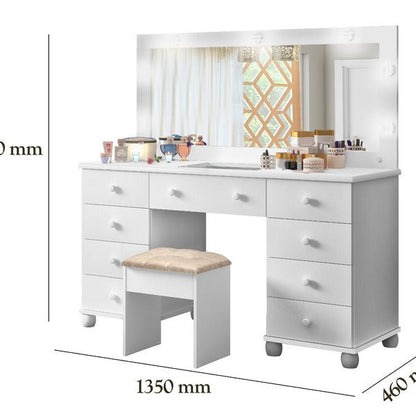 Penteadeira Camarim com 9 Gavetas, Espelho com LED e Banqueta