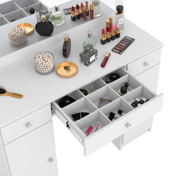 Penteadeira Camarim com Espelho, 3 Gavetas, 2 Portas e LED – MDP Branco Fosco, Design Moderno
