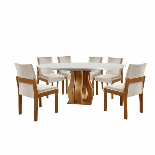 Conjunto Mesa de Jantar Redonda com Vidro e 6 Cadeiras Estofadas