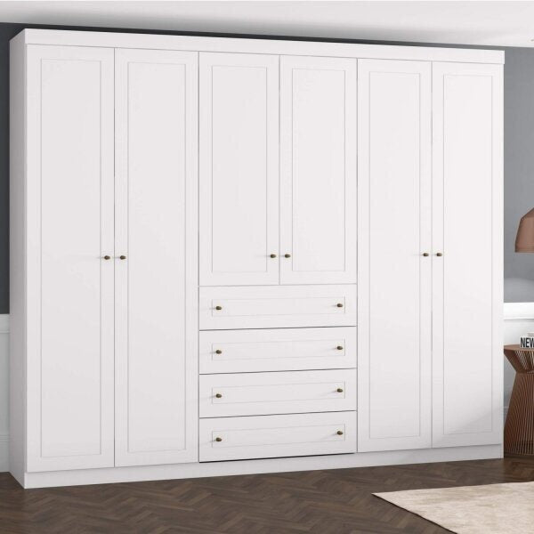 Guarda-Roupa Casal 6 Portas com 4 Gavetas Externas, Cabideiros e Prateleiras – MDF/MDP Branco, Design Escandinavo