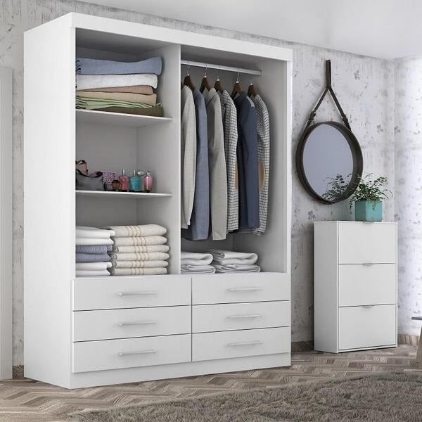 Guarda-Roupa Solteiro 2 Portas de Correr com 6 Gavetas 116cm Branco