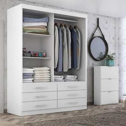 Guarda-Roupa Solteiro 2 Portas de Correr com 6 Gavetas 116cm Branco