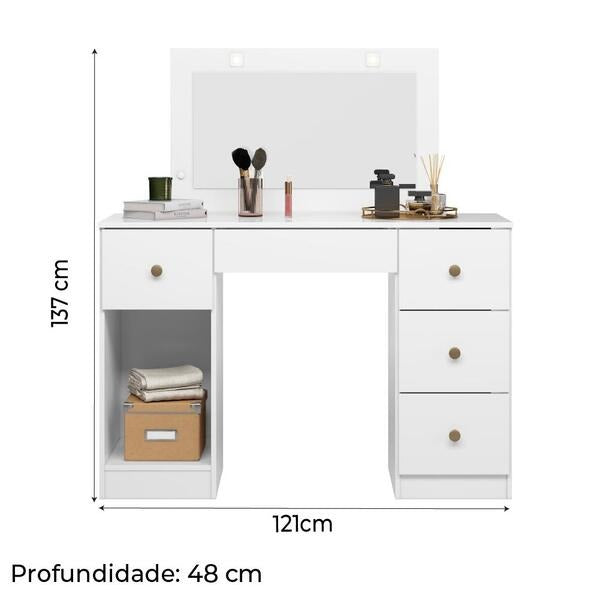 Penteadeira Camarim com Espelho LED, 5 Gavetas e 1 Porta – MDP Branco